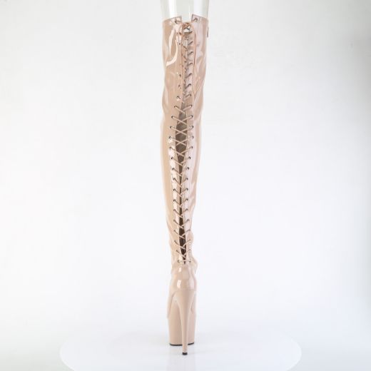 Product image of Pleaser ADORE-3850 Nude Str. Pat/Nude 7 Inch Heel 2 3/4 Inch PF Lace-Up Back Stretch Thigh Boot Side Zip