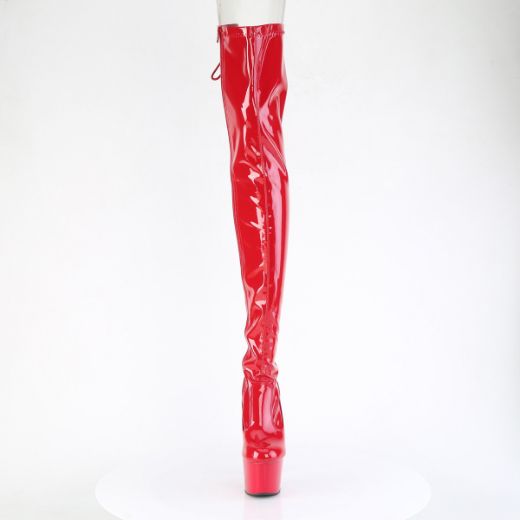 Product image of Pleaser ADORE-3850 Red Str. Pat/Red 7 Inch Heel 2 3/4 Inch PF Lace-Up Back Stretch Thigh Boot Side Zip