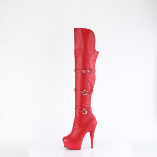 Product image of Pleaser DELIGHT-3018 Red Str. Faux Leather/Red Matte 6 Inch Heel 1 3/4 Inch PF Triple Buckle Strap OTK Boot Side Zip