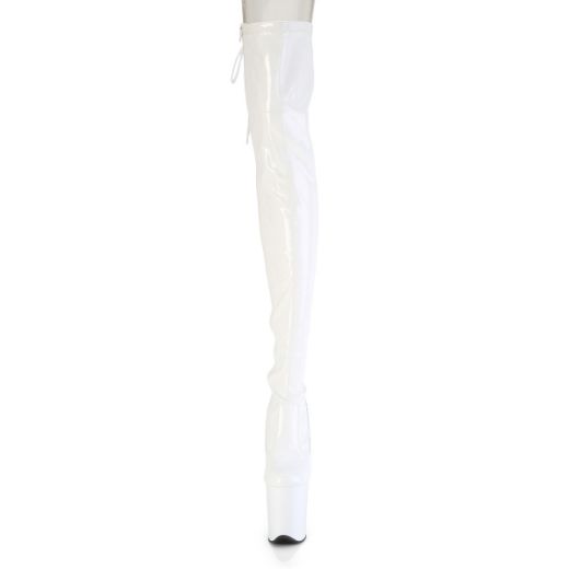 Product image of Pleaser FLAMINGO-3850 Wht Str. Pat/Wht 8 Inch Heel 4 Inch PF Lace-Up Back Stretch Thigh Boot Side Zip