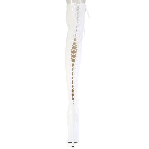 Product image of Pleaser FLAMINGO-3850 Wht Str. Pat/Wht 8 Inch Heel 4 Inch PF Lace-Up Back Stretch Thigh Boot Side Zip