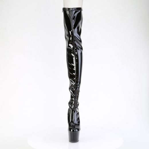 Product image of Pleaser ADORE-3850 Blk Str. Pat/Blk 7 Inch Heel 2 3/4 Inch PF Lace-Up Back Stretch Thigh Boot Side Zip