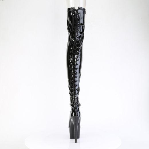 Product image of Pleaser ADORE-3850 Blk Str. Pat/Blk 7 Inch Heel 2 3/4 Inch PF Lace-Up Back Stretch Thigh Boot Side Zip