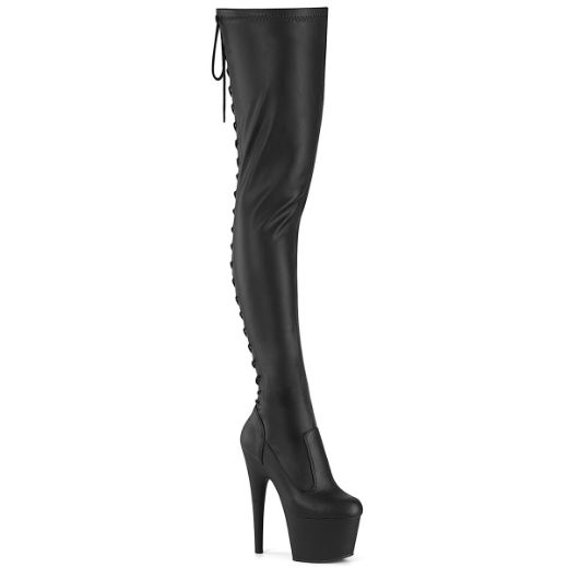 Product image of Pleaser ADORE-3850 Blk Str. Faux Leather/Blk Matte 7 Inch Heel 2 3/4 Inch PF Lace-Up Back Stretch Thigh Boot Side Zip