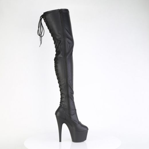 Product image of Pleaser ADORE-3850 Blk Str. Faux Leather/Blk Matte 7 Inch Heel 2 3/4 Inch PF Lace-Up Back Stretch Thigh Boot Side Zip