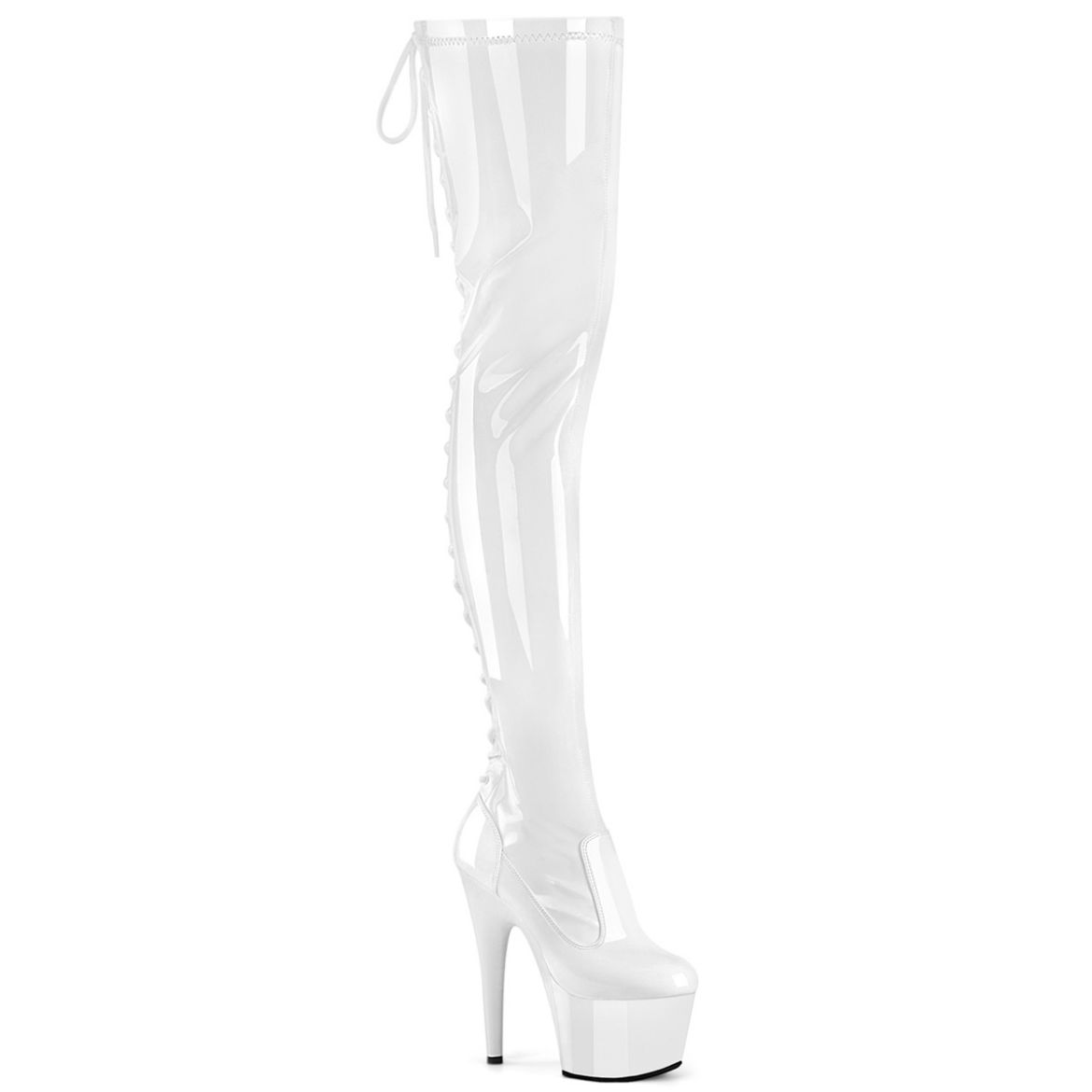 Product image of Pleaser ADORE-3850 Wht Str. Pat/Wht 7 Inch Heel 2 3/4 Inch PF Lace-Up Back Stretch Thigh Boot Side Zip