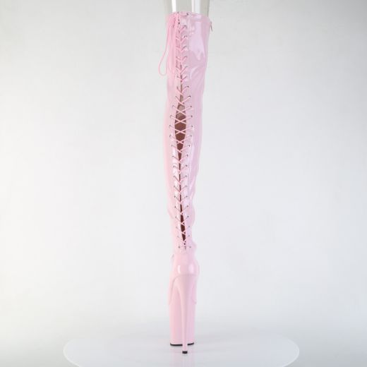 Product image of Pleaser FLAMINGO-3850 B. Pink Str. Pat/B. Pink 8 Inch Heel 4 Inch PF Lace-Up Back Stretch Thigh Boot Side Zip