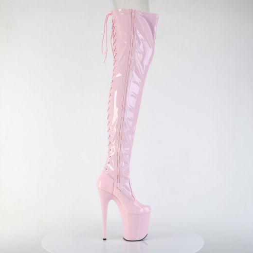 Product image of Pleaser FLAMINGO-3850 B. Pink Str. Pat/B. Pink 8 Inch Heel 4 Inch PF Lace-Up Back Stretch Thigh Boot Side Zip