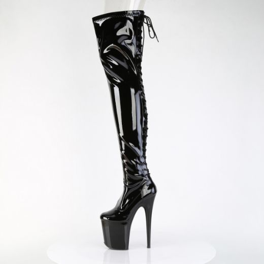 Product image of Pleaser FLAMINGO-3850 Blk Str. Pat/Blk 8 Inch Heel 4 Inch PF Lace-Up Back Stretch Thigh Boot Side Zip