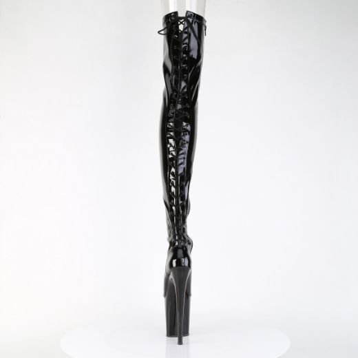 Product image of Pleaser FLAMINGO-3850 Blk Str. Pat/Blk 8 Inch Heel 4 Inch PF Lace-Up Back Stretch Thigh Boot Side Zip