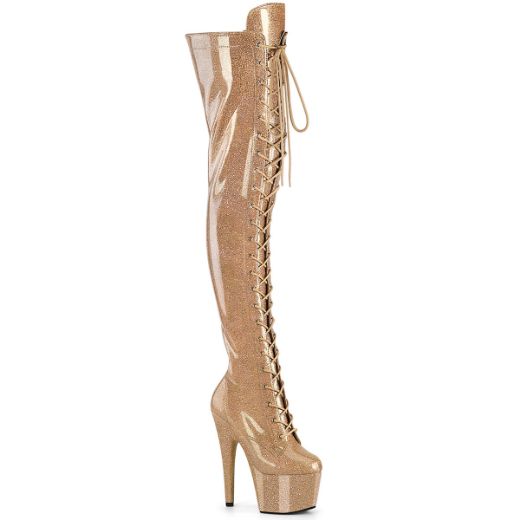 Product image of Pleaser ADORE-3020GP Gold Glitter Pat/M 7 Inch Heel 2 3/4 Inch PF Lace-Up Stretch Thigh Boot Side Zip