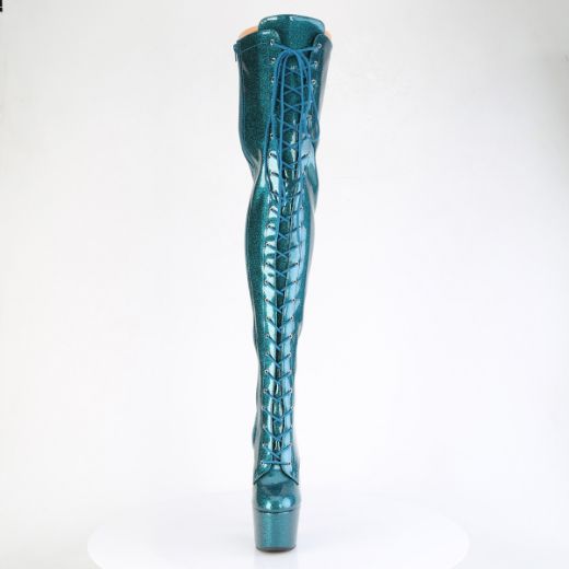 Product image of Pleaser ADORE-3020GP Teal Glitter Pat/M 7 Inch Heel 2 3/4 Inch PF Lace-Up Stretch Thigh Boot Side Zip