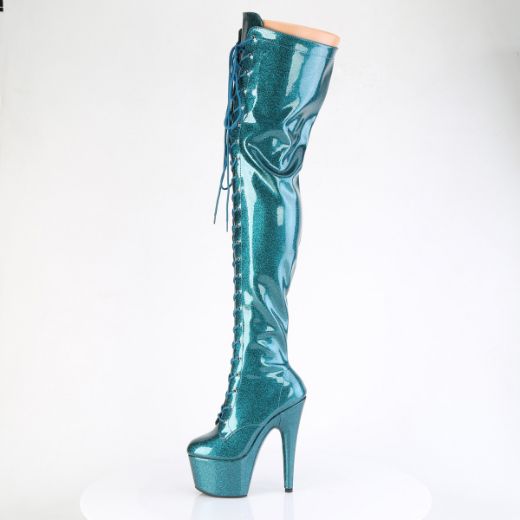 Product image of Pleaser ADORE-3020GP Teal Glitter Pat/M 7 Inch Heel 2 3/4 Inch PF Lace-Up Stretch Thigh Boot Side Zip