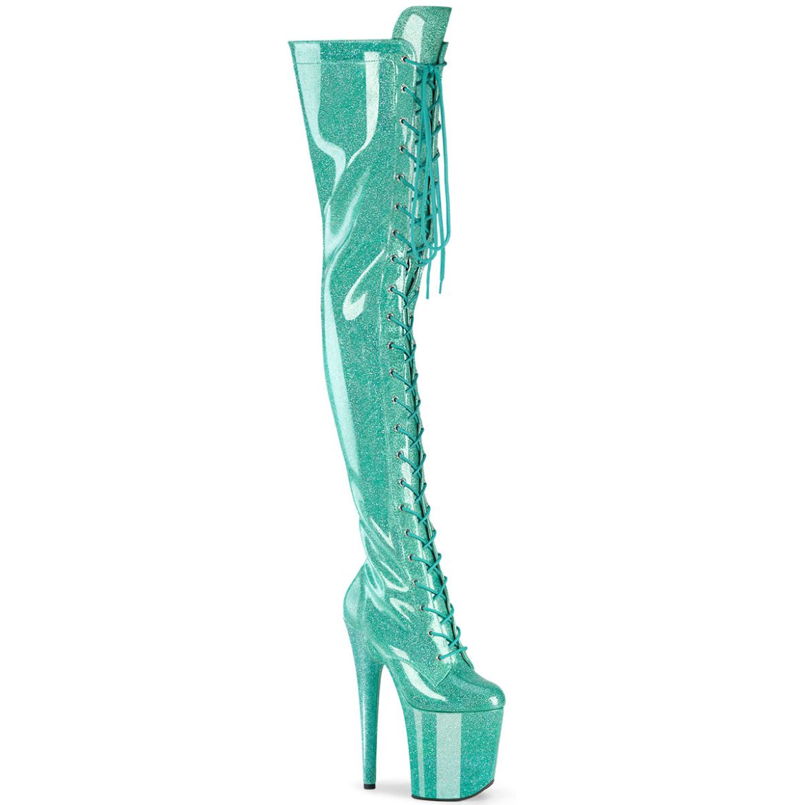 Product image of Pleaser FLAMINGO-3020GP Aqua Glitter Pat/M 8 Inch Heel 4 Inch PF Lace-Up Stretch Thigh Boot Side Zip