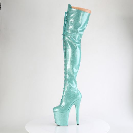 Product image of Pleaser FLAMINGO-3020GP Aqua Glitter Pat/M 8 Inch Heel 4 Inch PF Lace-Up Stretch Thigh Boot Side Zip