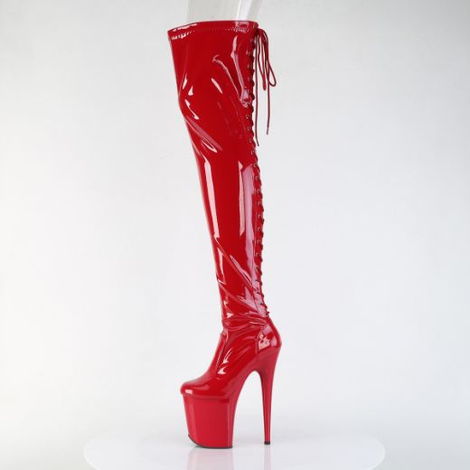 Product image of Pleaser FLAMINGO-3850 Red Str. Pat/Red 8 Inch Heel 4 Inch PF Lace-Up Back Stretch Thigh Boot Side Zip