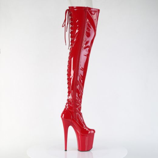 Product image of Pleaser FLAMINGO-3850 Red Str. Pat/Red 8 Inch Heel 4 Inch PF Lace-Up Back Stretch Thigh Boot Side Zip
