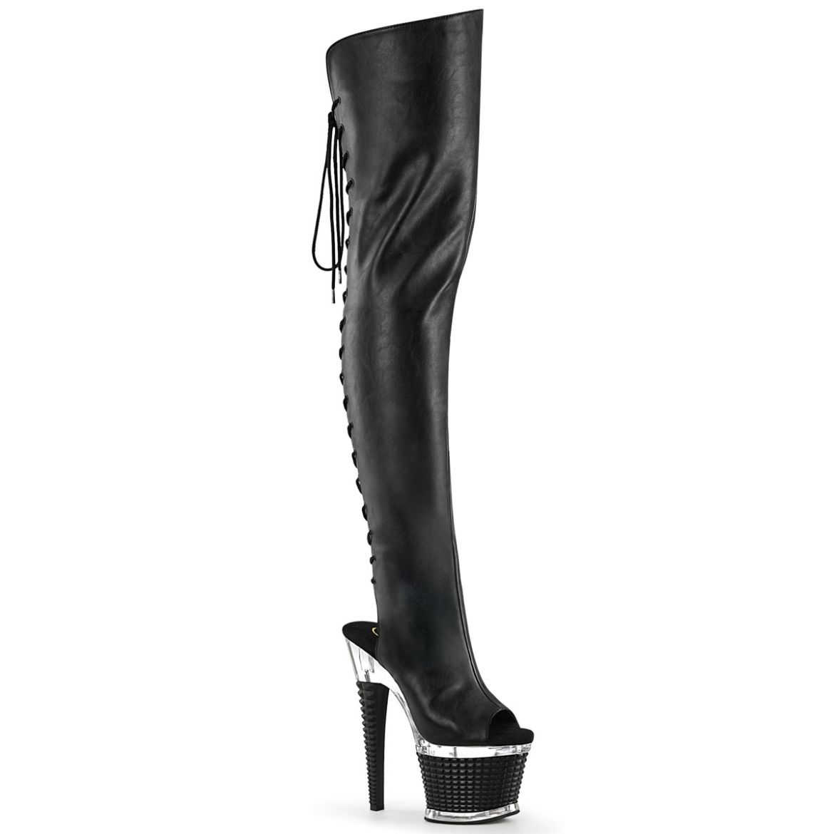 Product image of Pleaser SPECTATOR-3030 Blk Faux Leather/Clr-Blk Matte 7 Inch Heel 3 Inch Textured PF Lace-Up Back Thigh Boot Side Zip