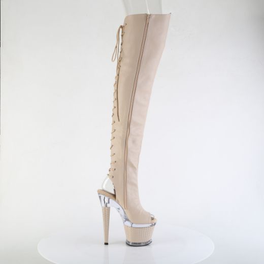 Product image of Pleaser SPECTATOR-3030 Nude Faux Leather/Clr-Nude Matte 7 Inch Heel 3 Inch Textured PF Lace-Up Back Thigh Boot Side Zip