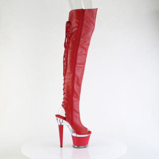 Product image of Pleaser SPECTATOR-3030 Red Faux Leather/Clr-Red Matte 7 Inch Heel 3 Inch Textured PF Lace-Up Back Thigh Boot Side Zip