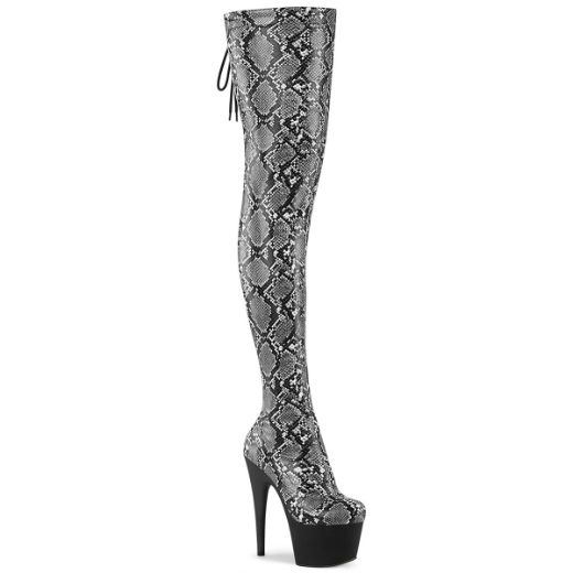 Product image of Pleaser ADORE-3008SP-BT Grey-Blk Snake Print/Blk Matte 7 Inch Heel 2 3/4 Inch PF Stretch Snake Print Pull-On Thigh Boot