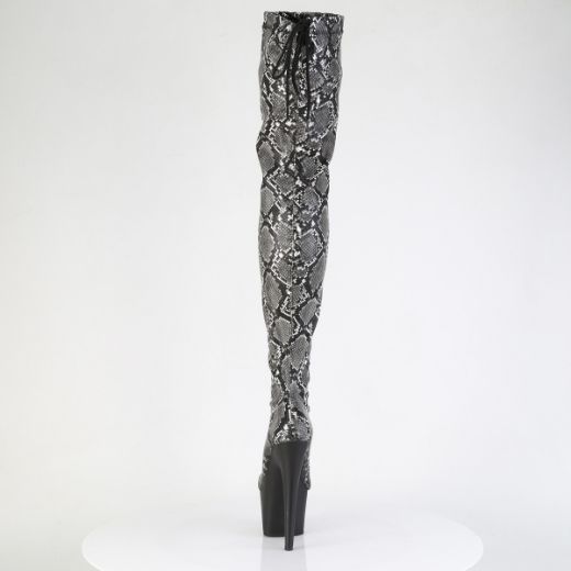 Product image of Pleaser ADORE-3008SP-BT Grey-Blk Snake Print/Blk Matte 7 Inch Heel 2 3/4 Inch PF Stretch Snake Print Pull-On Thigh Boot