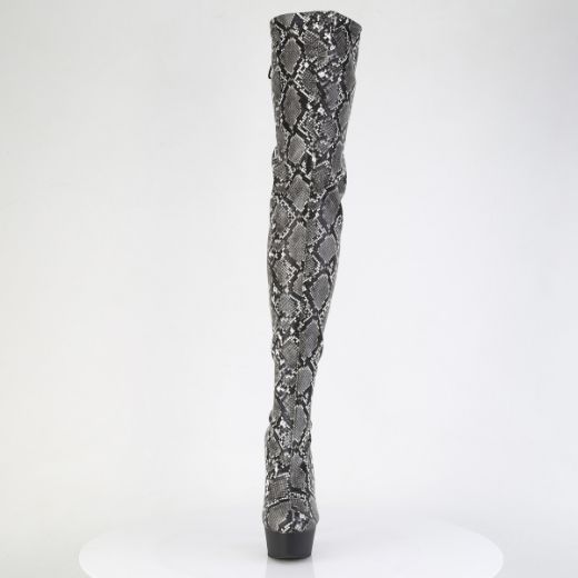 Product image of Pleaser DELIGHT-3008SP-BT Grey-Blk Snake Print/Blk Matte 6 Inch Heel 1 3/4 Inch PF Stretch Snake Print Pull-On Thigh Boot