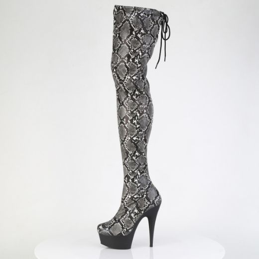 Product image of Pleaser DELIGHT-3008SP-BT Grey-Blk Snake Print/Blk Matte 6 Inch Heel 1 3/4 Inch PF Stretch Snake Print Pull-On Thigh Boot