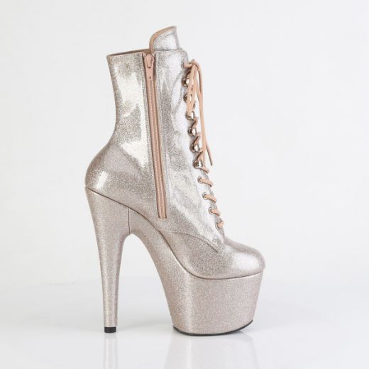 Product image of Pleaser ADORE-1020GP Champagne Glitter Pat/M 7 Inch Heel 2 3/4 Inch PF Lace-Up Front Ankle Boot Side Zip