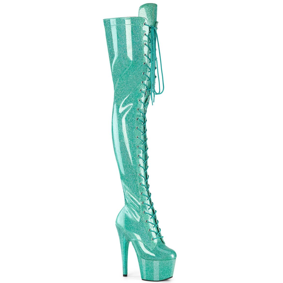 Product image of Pleaser ADORE-3020GP Aqua Glitter Pat/M 7 Inch Heel 2 3/4 Inch PF Lace-Up Stretch Thigh Boot Side Zip