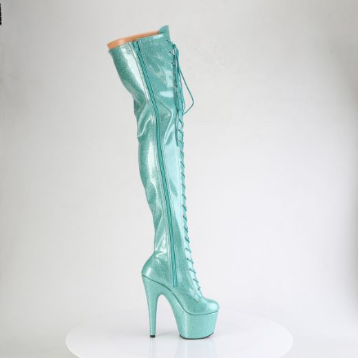 Product image of Pleaser ADORE-3020GP Aqua Glitter Pat/M 7 Inch Heel 2 3/4 Inch PF Lace-Up Stretch Thigh Boot Side Zip