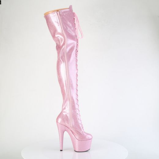 Product image of Pleaser ADORE-3020GP B. Pink Glitter Pat/M 7 Inch Heel 2 3/4 Inch PF Lace-Up Stretch Thigh Boot Side Zip