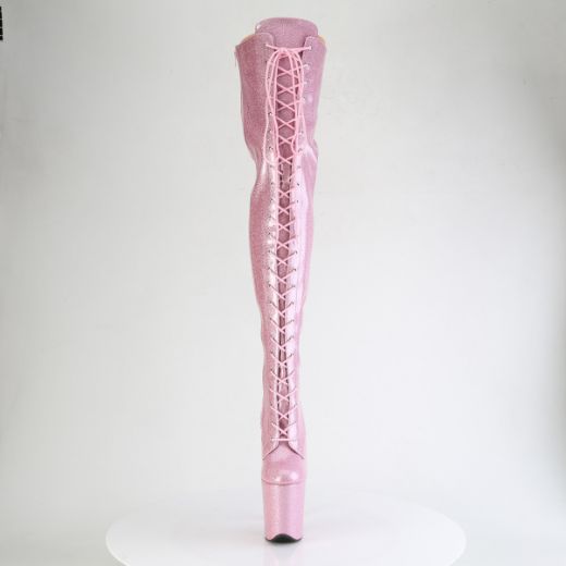 Product image of Pleaser FLAMINGO-3020GP B. Pink Glitter Pat/M 8 Inch Heel 4 Inch PF Lace-Up Stretch Thigh Boot Side Zip