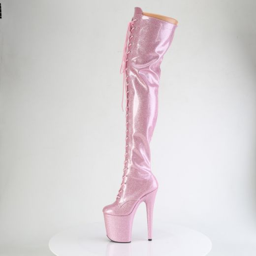 Product image of Pleaser FLAMINGO-3020GP B. Pink Glitter Pat/M 8 Inch Heel 4 Inch PF Lace-Up Stretch Thigh Boot Side Zip