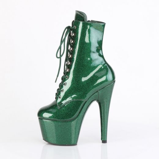 Product image of Pleaser ADORE-1020GP Emerald Green Glitter Pat/M 7 Inch Heel 2 3/4 Inch PF Lace-Up Front Ankle Boot Side Zip