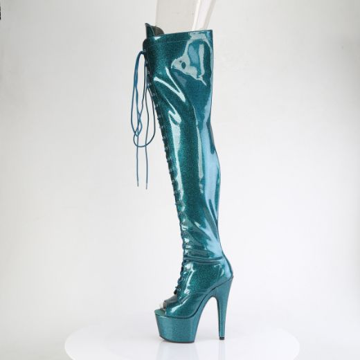 Product image of Pleaser ADORE-3021GP Teal  Glitter Pat/M 7 Inch Heel 2 3/4 Inch PF Peep Toe Lace-Up Thigh Boot Side Zip