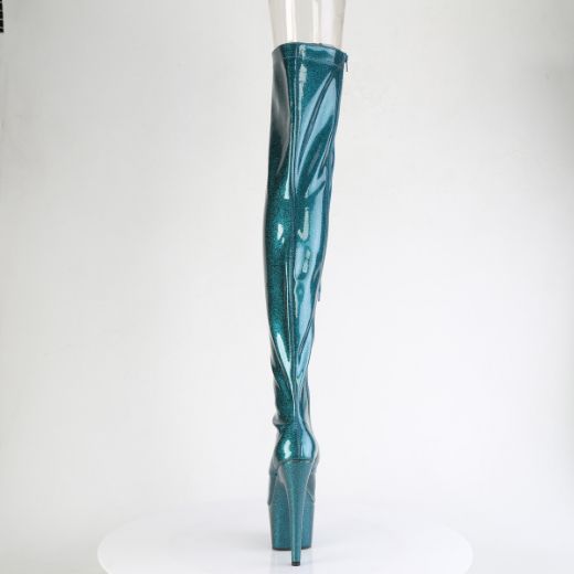 Product image of Pleaser ADORE-3021GP Teal  Glitter Pat/M 7 Inch Heel 2 3/4 Inch PF Peep Toe Lace-Up Thigh Boot Side Zip