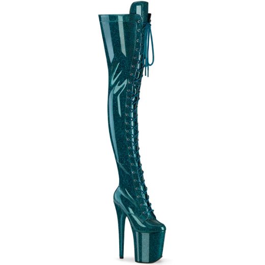 Product image of Pleaser FLAMINGO-3020GP Teal Glitter Pat/M 8 Inch Heel 4 Inch PF Lace-Up Stretch Thigh Boot Side Zip