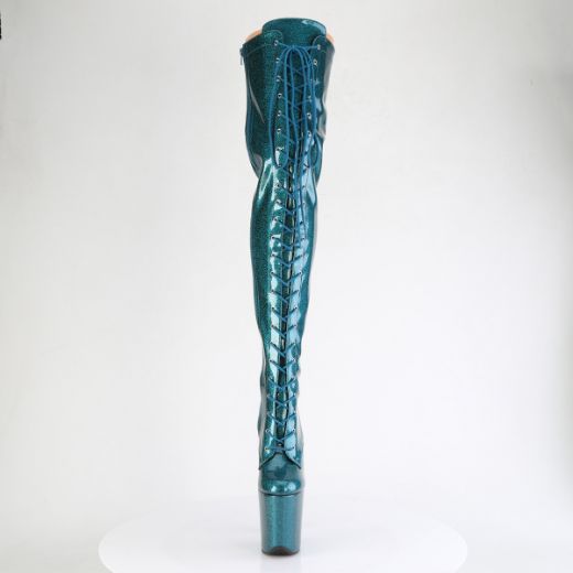 Product image of Pleaser FLAMINGO-3020GP Teal Glitter Pat/M 8 Inch Heel 4 Inch PF Lace-Up Stretch Thigh Boot Side Zip