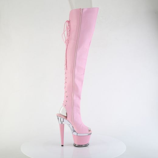 Product image of Pleaser SPECTATOR-3030 B. Pink Faux Leather/Clr-B. Pink Ma 7 Inch Heel 3 Inch Textured PF Lace-Up Back Thigh Boot Side Zip