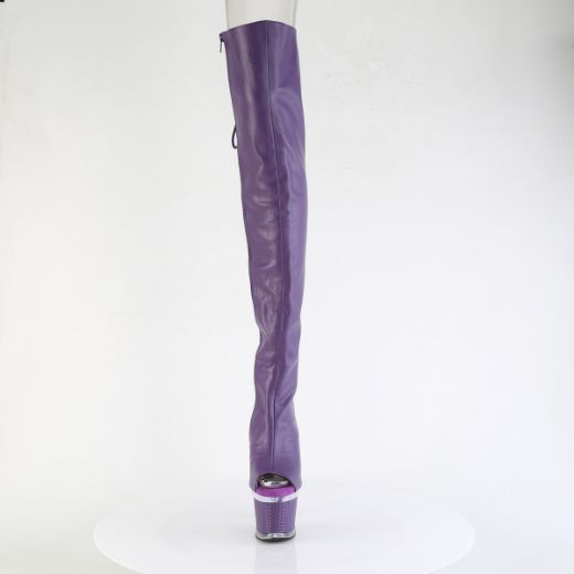 Product image of Pleaser SPECTATOR-3030 Purple Faux Leather/Clr-Purple Matt 7 Inch Heel 3 Inch Textured PF Lace-Up Back Thigh Boot Side Zip