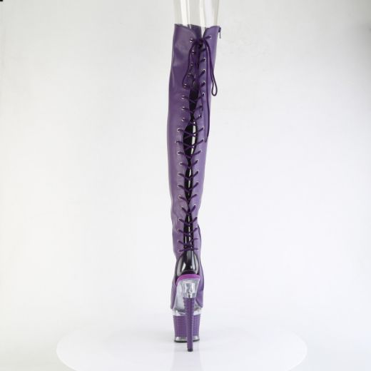 Product image of Pleaser SPECTATOR-3030 Purple Faux Leather/Clr-Purple Matt 7 Inch Heel 3 Inch Textured PF Lace-Up Back Thigh Boot Side Zip