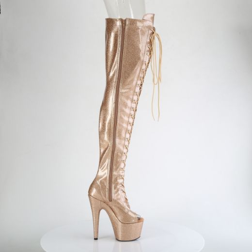 Product image of Pleaser ADORE-3021GP Gold Glitter Pat/M 7 Inch Heel 2 3/4 Inch PF Peep Toe Lace-Up Thigh Boot Side Zip