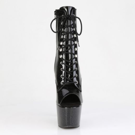 Product image of Pleaser ADORE-1021GP Blk Glitter Pat/M 7 Inch Heel 2 3/4 Inch PF Peep Toe Lace-Up Ankle Boot Side Zip