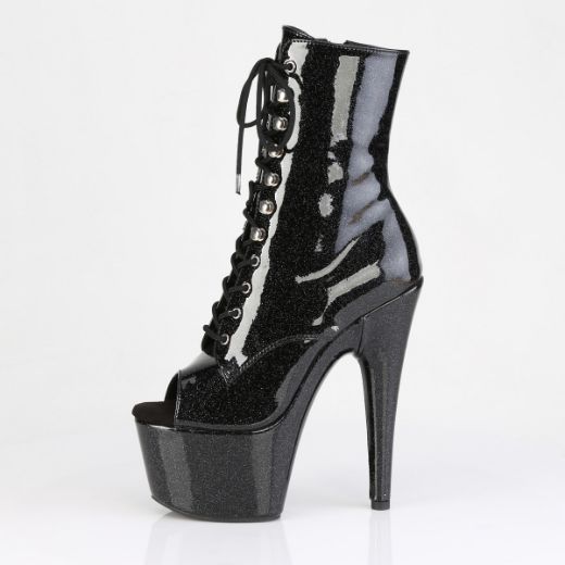 Product image of Pleaser ADORE-1021GP Blk Glitter Pat/M 7 Inch Heel 2 3/4 Inch PF Peep Toe Lace-Up Ankle Boot Side Zip