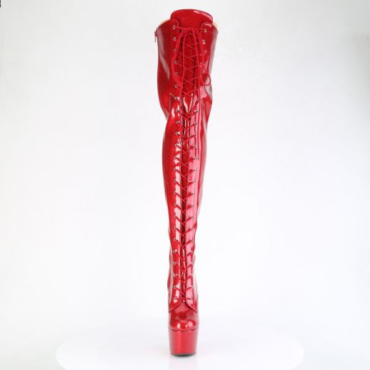 Product image of Pleaser ADORE-3020GP Red Glitter Pat/M 7 Inch Heel 2 3/4 Inch PF Lace-Up Stretch Thigh Boot Side Zip