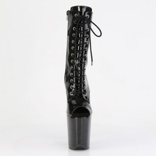 Product image of Pleaser FLAMINGO-1041GP Blk Glitter Pat/M 8 Inch Heel 4 Inch PF Peep Toe Lace-Up Ankle Boot Side Zip