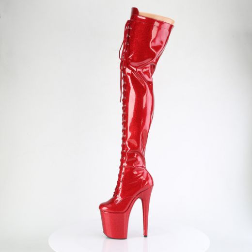 Product image of Pleaser FLAMINGO-3020GP Red Glitter Pat/M 8 Inch Heel 4 Inch PF Lace-Up Stretch Thigh Boot Side Zip