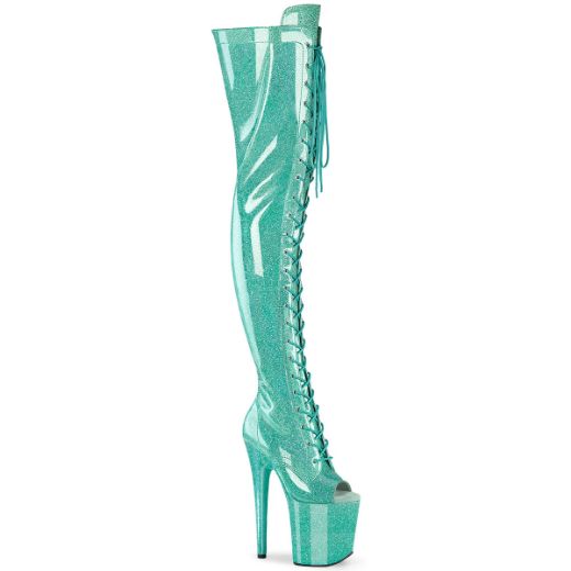 Product image of Pleaser FLAMINGO-3021GP Aqua Glitter Pat/M 8 Inch Heel 4 Inch PF Peep Toe Lace-Up Thigh Boot Side Zip