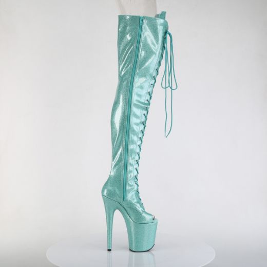 Product image of Pleaser FLAMINGO-3021GP Aqua Glitter Pat/M 8 Inch Heel 4 Inch PF Peep Toe Lace-Up Thigh Boot Side Zip